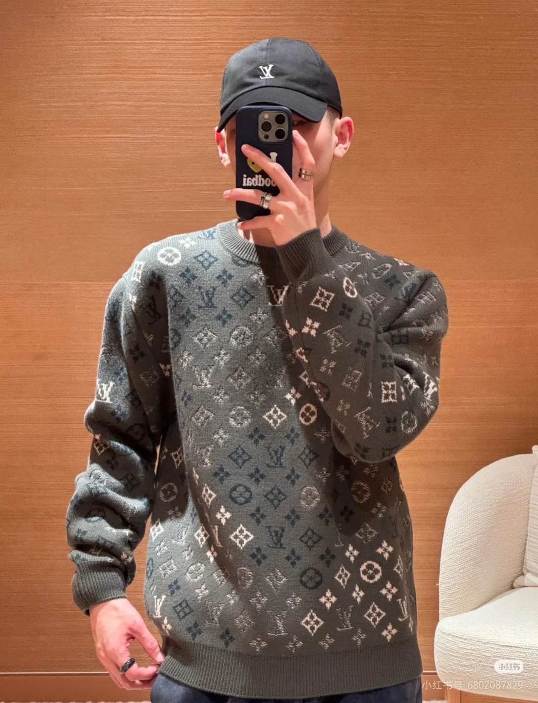Louis Vuitton/Louis Vuitton military green old flower jacquard round neck knitted sweater